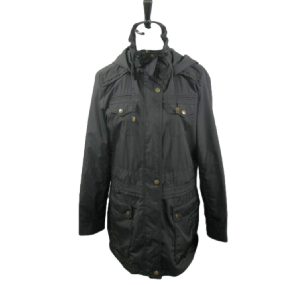 Apt. 9 Black Snap Front 3/4 Length Lightweight Hooded Jacket Size Medium